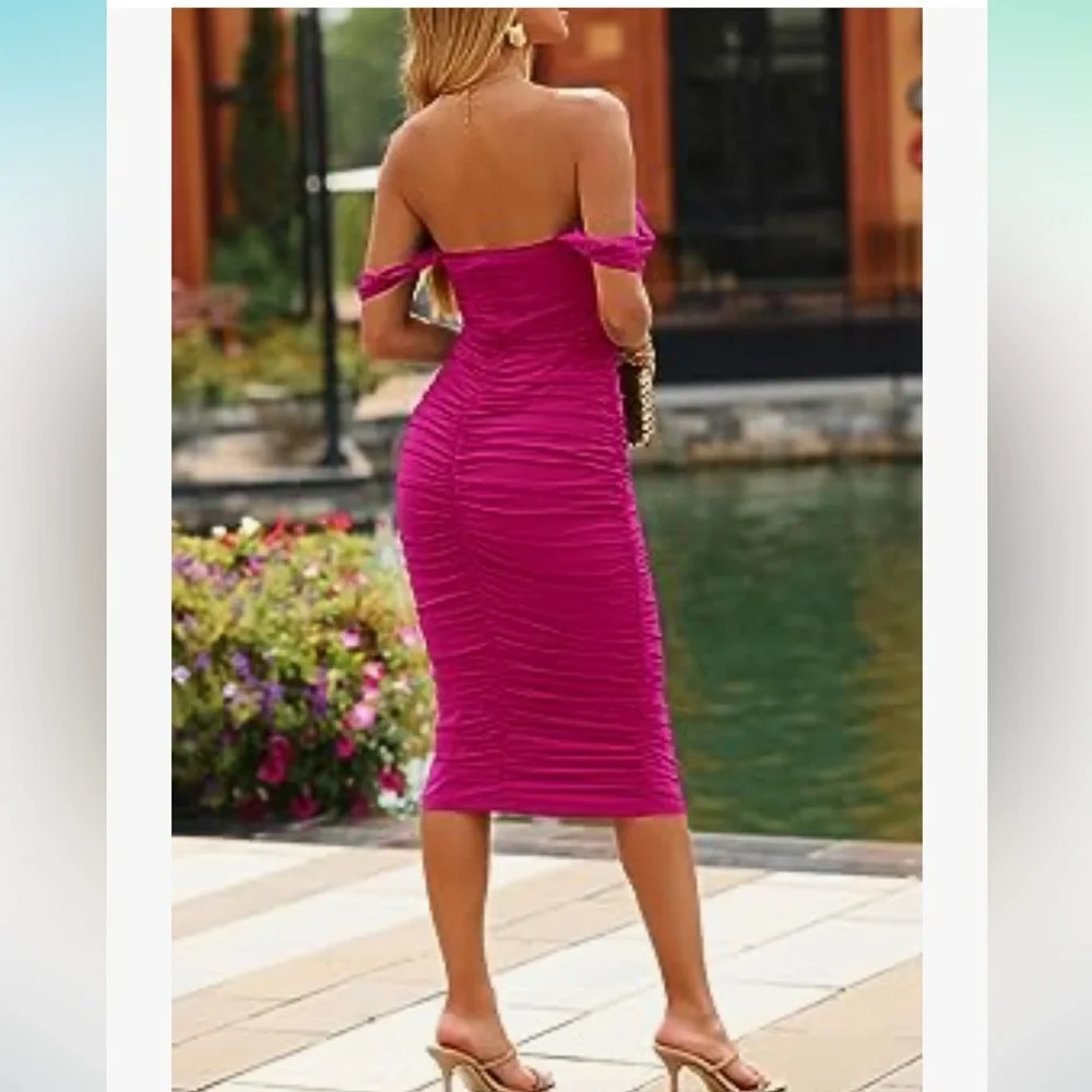 PRETTYGARDEN Amazon Womens Summer Off Shoulder Ruched Bodycon Midi Dress, NWT - Picture 3 of 8